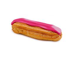 Eclair dessert with pink icing on white photo