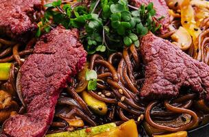 Chinese fried rice with beef close up photo