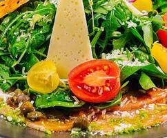 carpaccio of salmon meat with arugula and cheese photo