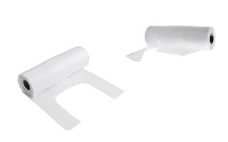 White polyethylene trash bag roll isolated on white background photo