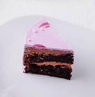 pedazo de chocolate pastel con rosado crema foto