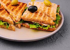 Pressed panini with grilled chicken breast fillet photo