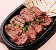 Grilled meat steak veal medallions with pita photo