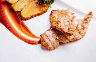 Plate with two chicken fillet steaks, with fried potatoes photo