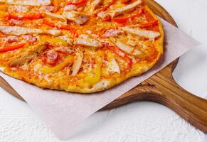 Bavarian pizza with smoked sausages isolated photo