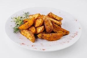 Spicy roasted potato wedges on white plate photo