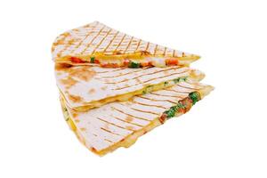 Fresh chicken and vegetable quesadilla slices isolated on white photo