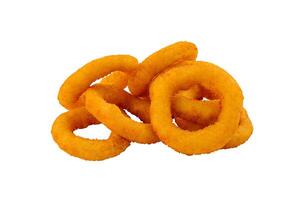 Crispy golden onion rings on white background photo