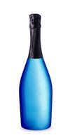 Isolated blue champagne bottle with a foil top on a white background photo