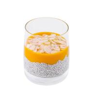 Chia seed pudding with mango puree and almond flakes photo