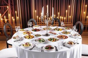 Elegant dinner table setup with candlelight photo