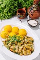 Grilled chicken and boiled potatoes meal on plate photo