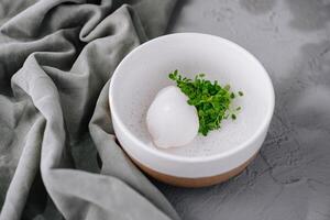 Poached egg with microgreens on ceramic plate photo