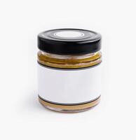 Blank label jar on white background photo