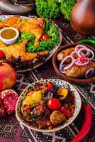 Traditional feast with roasted chicken and vegetables photo