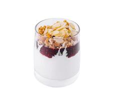 Layered yogurt parfait with berries and granola photo