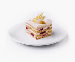 Elegant layered dessert on white plate photo