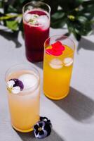 Refreshing summer drinks with floral garnish photo