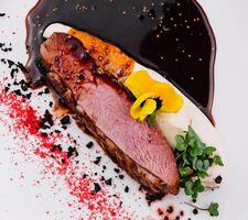 Gourmet duck breast dish with artistic plating photo