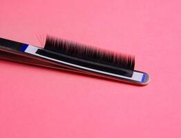 False eyelashes on tweezers against red background photo