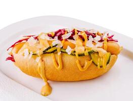 Gourmet hot dog with toppings on white plate photo