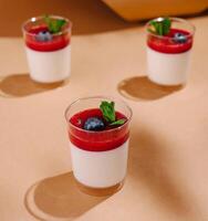 elegante panna cotta postre con baya salsa y Fresco menta foto