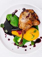 Gourmet chicken dish with colorful purees on white plate photo
