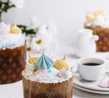 Delicate easter kulich cake with colorful icing photo