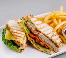 Grilled chicken sandwich with fries and bbq sauce photo