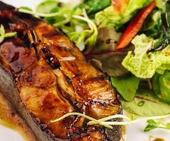 Pan fried salmon in teriyaki sauce on plate photo