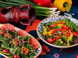 Vibrant mediterranean feast on colorful table setting photo