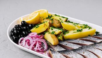 Traditional marinated herring plate with garnishes photo