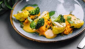 Gourmet vegetarian meal on elegant table setting photo