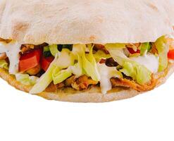 Fresh chicken kebab sandwich on white background photo