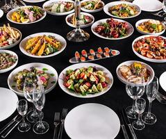 Elegant banquet table setting top view photo