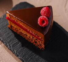 Elegant raspberry chocolate cake slice photo