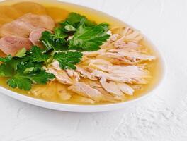 Homemade chicken aspic with parsley and slices of bread photo