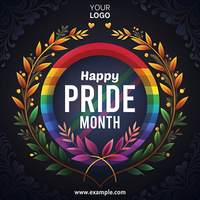 A colorful rainbow with a wreath around it that says Happy Pride Month psd