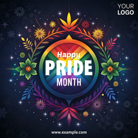 A colorful poster for Pride Month featuring a rainbow and flowers psd