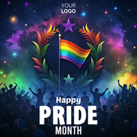 A colorful poster for Pride Month featuring a crowd of people and a rainbow flag psd