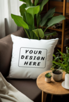 wit plein hoofdkussen mockup Aan sofa met planten psd