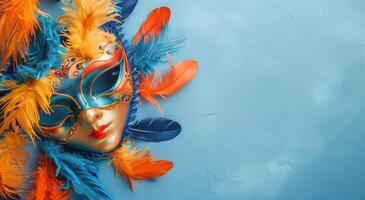 Colorful Mask With Feathers on Blue Background photo