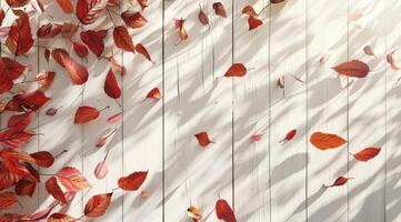 Group of Red and Orange Leaves on White Wooden Surface photo