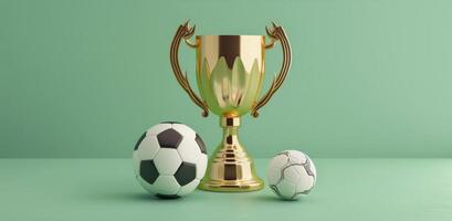 Three Soccer Balls and a Trophy on a Green Background photo