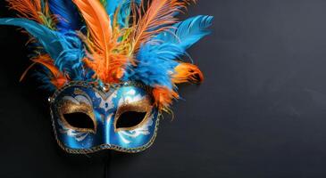 Mask Adorned With Feathers on Black Background photo