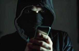 Person Wearing Black Hood Holding Cell Phone photo