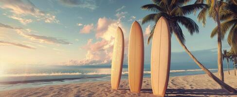 tablas de surf en un playa a puesta de sol foto