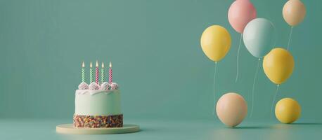 Birthday Cake With Candles and Balloons photo