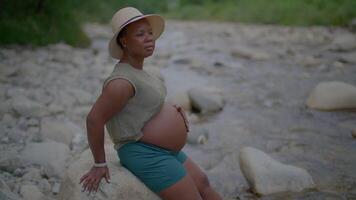 jovem grávida mulher relaxante dentro natureza às rio dentro maternidade feriado video