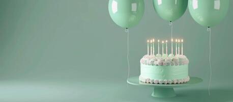 Birthday Cake With Green Icing and White Candles photo